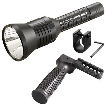 Black Streamlight Super Tac X LED Flashlight with grip and mount kit